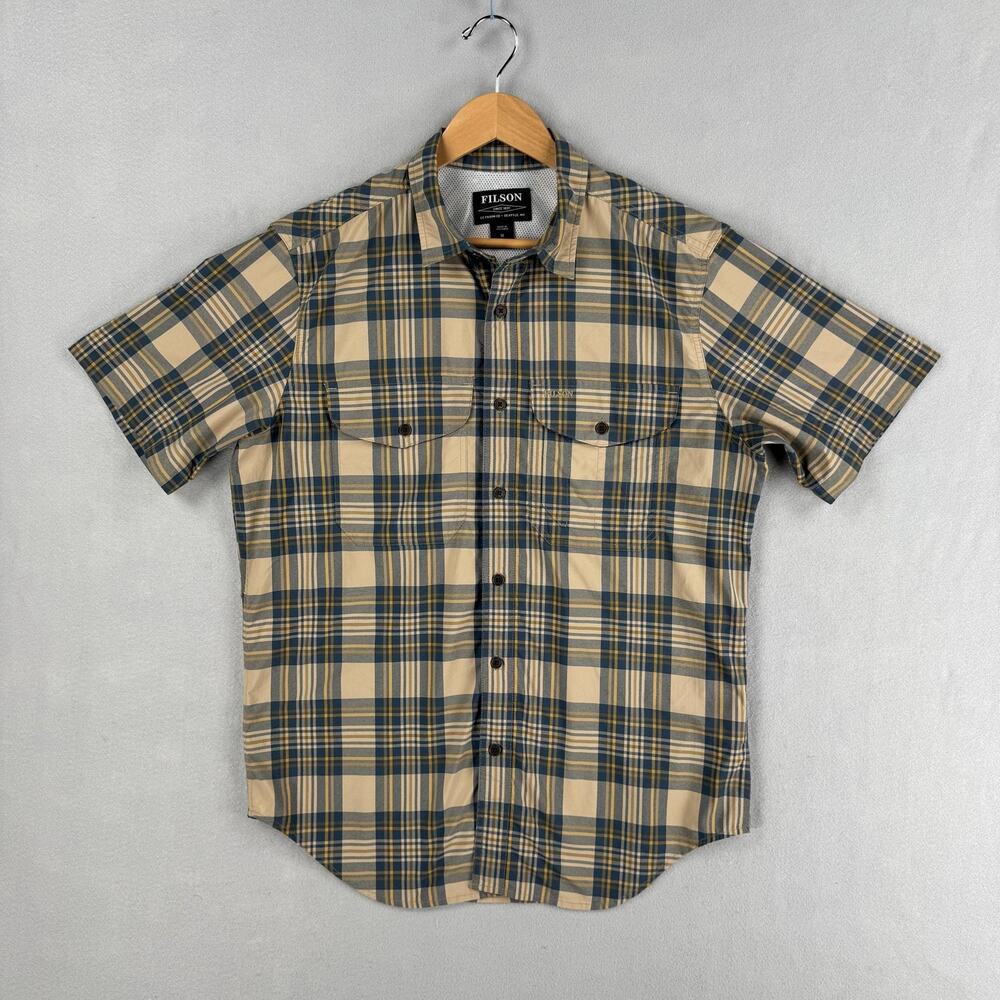 Filson Shirt Mens Medium Blue Plaid Short Sleeve Button Up Nylon Mesh Outdoor